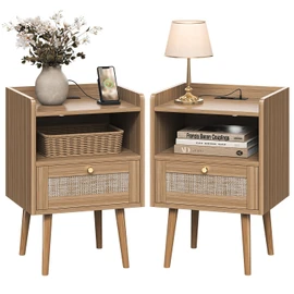 Night Stand Set of 2, Bedside Tables with Charging Station, Rattan End Tables, Bed Side Tables, Wood Nightstands set of 2 for Small Space Farmhouse Kids' Room Bedroom Living Room Dorm Sofa Brown