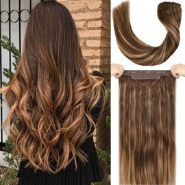 Invisible Wire Hair Extensions Real Human Hair-Smilco Balayage Dark Brown to Chestnut Brown 20 Inch 100g Hair Extension Invisible Natural Straight Hairpiece With Transparent Fish Line Hair Wire Extensions for Women