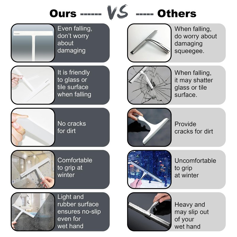 Shower Squeegee for Glass Doors, 10 Inch Width Silicone Rubber