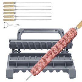 HALNYHYFD Large Kebab Maker Plastic Press with 6 Stainless Steel Skewers & 1 Peeler Portable Easy to Use Kabob Skewers Barbecue Machine Essential Grilling Tool for Perfect Kebabs, Grey