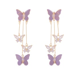 coadipress Butterfly Earrings for Women Delicate Sweet Bohemian 14K Gold Long Crystal Rhinestones Butterfly Lightweight Fringe Tassels Dangle Drop Earrings Daily Traveling Prom Floral Jewelry Gifts (Purple)