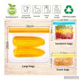 Ozchillon 15 Pack Reusable PEVA Storage Bags – BPA-Free Freezer, Gallon, Sandwich & Snack Bags (15 Pack: 4 Large, 4 Sandwich & 7 Snack)