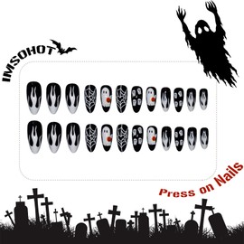 IMSOHOT Press on Nails Medium Almond Fake Nails with Cute Ghost Design Black White False Nails Full Cover Glossy Glue on Nails for Women