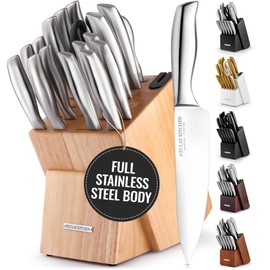 Zulay Premium Quality 18-Piece Knife Set with Natural Wood Block, Ultra Sharp, One-Piece Design Stainless Steel Knives Engineered for Precision Cutting, Durable and Rust-Proof, with Built-in Sharpener