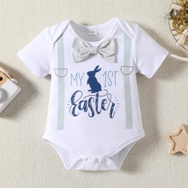 flower frail My First Baby Boy Easter Outfit Bow Tie Bodysuit Shamrock Bunny Pants Toddler Summer Clothes Set 6-12 Months