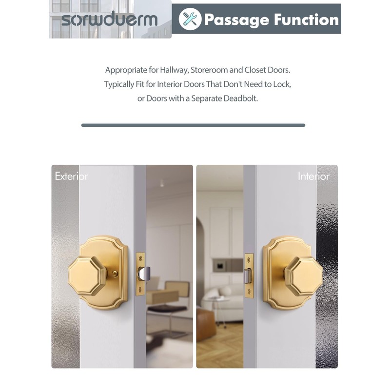 SORWDUERM 1 Pack Gold Door Knobs Passage Door Knobs Brushed