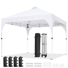 Yaheetech 10x10 Pop Up Canopy Tent with Vent, Easy Set Up Tent, Instant Sun Shelter Canopy with Wheeled Bag, 4 Sandbags, 12 Stakes & 4 Ropes, for Parties, Beach, Outdoor, White