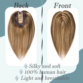 RICH BRIA Hair Toppers Real Human Hair for Women with Thinning Hair Toppers Hair Silk Base Crown Topper No Bangs Clip in Hair Toppers for Hair Loss Grey Hair 12 Inch #4P27 Medium Brown mix Dark Blonde