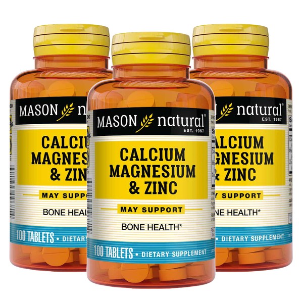 Mason Natural Calcium Magnesium & Zinc - Supports Healthy Bones, Enhances Muscle and Nerve Function, Immune System Booster, 100 Tablets (Pack of 3)