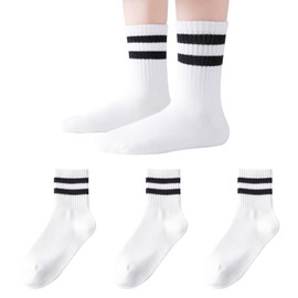 Mini angel Kids Socks Boys Girls Crew Socks 12-14 Years White Seamless Cotton Ankle Athletic Socks with Retro Stripes 3 Pairs (White,XL)