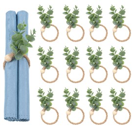 Napkin Rings Set of 12, Easter Napkin Rings, Boho Eucalyptus Leaf Napkins Holder for Table, Wood Bead Farmhouse Fall Rustic Napkins Ring Holder for Weddings, Dining, Party, Christmas Table Decor