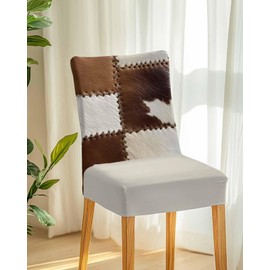 4 Pcs Dining Chair Covers Stretch Spandex Slipcovers Brown White Cowhide Removable Washable Dining Room Seat Cover Cushion Protector for Home Hotel Banquet Decor Western Farmhouse Animal Skin Leather