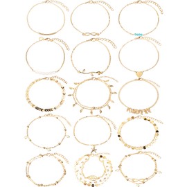 15 Pieces Boho Anklets Chains Bracelets Adjustable Beach Anklet Foot Jewelry Set for Women Girls (Gold)