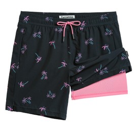 Turnshine Mens Swim Trunks with Compression Liner Stretch 7" Bathing Suit Beach Shorts with Zipper Pockets Black Pink Large