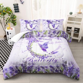 AILONEN Purple Floral Butterfly Comforter Set for Girls - Beautiful Lavender Butterfly Bedding Set Queen Printed Soft Comforter with 2 Pillowcases for Kids Women 3 Pieces