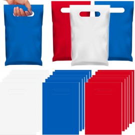 Gilprop 48 Pieces 4th of July Goodie Treat Bags Bulk Plastic Patriotic Red White and Blue Gift Bags with Handle for Independence Day Memorial Day Party Gift Wrapping Supplies Decor