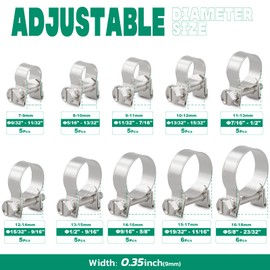 OURU 52PCS Fuel Line Clamp Assortment Kit 304 Stainless Steel,10 Sizes Adjustable 9/32"-23/32" Dia (7-18mm) Mini Fuel Injection Gas Line Hose Clamps,Pipe Clamp for Automotive,Diesel Petrol Pipe