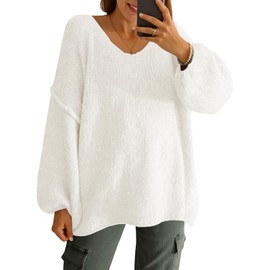 Saodimallsu Womens Oversized V Neck Sweaters Chunky Knit Lantern Long Sleeve Fall Winter Slouchy Tunic Sweater Tops White