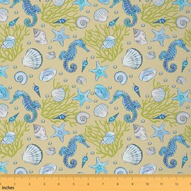 Ocean Outdoor Fabric by The Yard Coastal Beach Ocean Upholstery Fabric for Chairs Starfish Seahorse Seaweed Shell Print Decorative Fabric for Home DIY Projects 3 Yards (L276*W150cm)