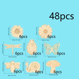 HERZONE 48pcs Wooden Flowers for Painting Spring Decoration Pendant Butterflies Flowers Wooden Pendant for Painting Spring Pendant Wooden Hanging Window Decoration Window Hanger (Mix)