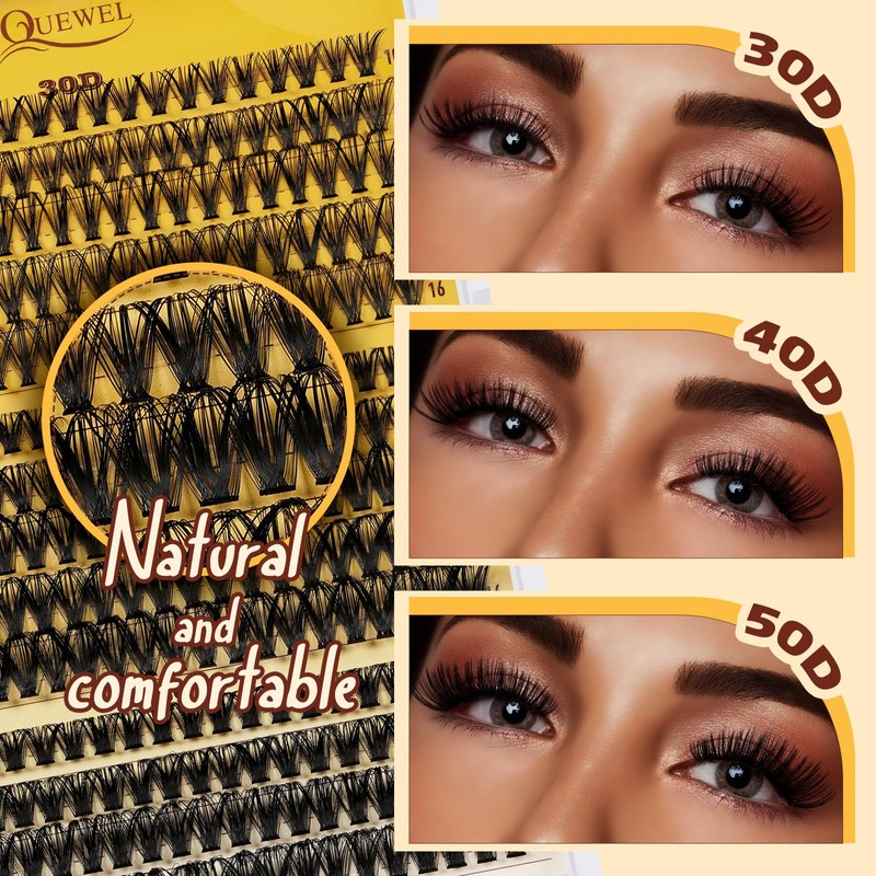 QUEWEL DIY-Lash-Extension-Kit, 3D-Lash-Clusters with 280PCS 30+40+50D EyeLashes Mixed 10-16mm Eyelash