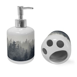 Ambesonne Dark Forest Soap Dispenser & Toothbrush Holder Set, Gloomy Foggy Scene of Tall Pine Trees in National Park Colorado USA, Ceramic Bathroom Toiletry Accessories, 2 Pcs, Dark Slate Blue Dust