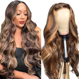 Lakaisa Human Hair Body Wave Human Hair Wig 4 x 1 Lace P4/27 Highlight Blonde Glueless Wear and Go Wig Women's Real Hair Bleached Knots Pre Plucked Hairline with Baby Hair for Woman 16 Inches