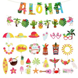 Piacolnic Hawaiian Luau Party Decorations, 30 Pcs Hawaiian Photo Booth Props and 1 Pack Beach Party Banner, Funny Tropical Party Decoration for Luau Beach Summer Pool Themed Party Supplies