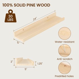 Vivelove Picture Ledge Shelf, Solid Pine Wood Rustic Floating Shelves for Wall, 24 Inch Floating Shelves with Lip for Bedroom Kitchen Living Room Nursery Display Wall Decor, Set of 2 (Natural)