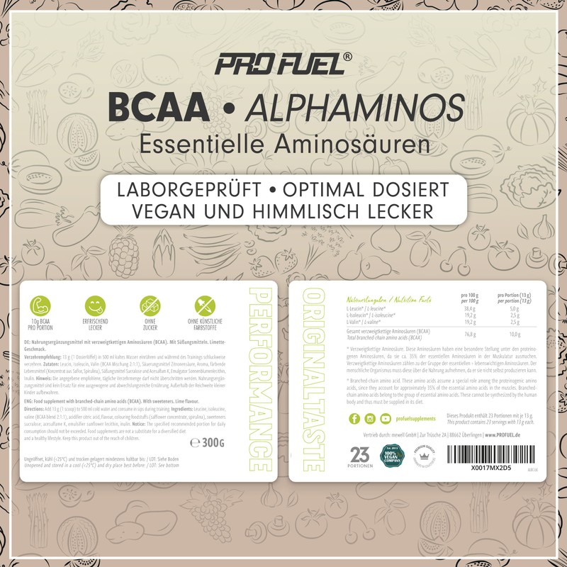 ProFuel BCAA Pulver 900g LIMETTE - Alphaminos BCAA 2:1:1 Drink