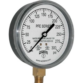 Winters PFE Series Single Scale Sprinkler Pressure Gauge, 3-1/2" Dial, 0-300 psi Range, +/-3-2-3% Accuracy, 1/4" Male NPT Bottom Connection, For Water Media