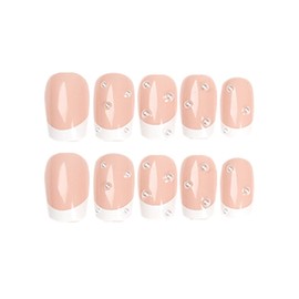 JUSTOTRY 24 Pcs White French Press on Nails Short Designs,Glossy Pearls False Nails Square with Nail Glue,Nude Stick on Nails for Women and Teens,Squoval Fake Nails for Nails Art