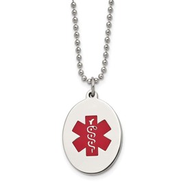 Solid Real Stainless Steel Red Enamel Oval RN Registered Nurse Caduceus Symbol Medical Emergency Alert Pendant 22in Emergency Alert Pendant Necklace Charm Chain - with Secure Lobster Lock Clasp 22"