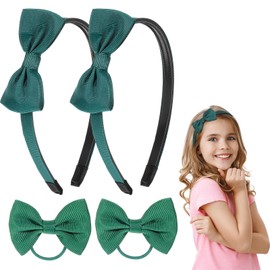 Oruola 2pcs School Bows Green Headband Alice Bands,Green Girls School Hair Accessories Kit,Greens Hair Band with 2 Ribbon Bow Hairs Barrettes for Little Girl Toddlers Teens Birthday Present