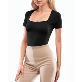 MANGOPOP Double Lined Square Neck Short Sleeve Bodysuit for Women Thong Bodysuits Second Skin Collection