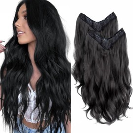 Extensiones de Cabello con Clip Invisible - Juego de 2 Piezas (45cm y 60cm) Postizos Largos Ondulados - Incluye 5 Clips Seguros - Cabello Natural Suave que Combina Perfectamente - ¡1 Paquete Cubre Toda la Cabeza! (Natural Ondulado-NEGRO)