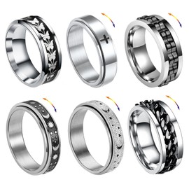 ZENGSING 6 Pieces Silver Spinner Ring Men's Fidget Spinner Rings Stainless Steel Fidget Band Rings Men Stainless Steel Spinner Ring for Men Women, 60, Stainless Steel, No Gemstone