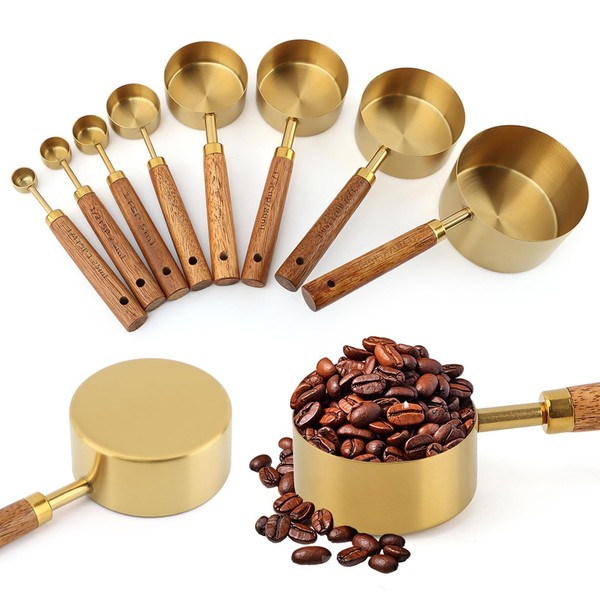 Gold Measuring Cups and Spoons Set of 8, Stackable Stainless