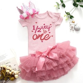 AXAZZNI 1/2 birthday girl Happy photoshoot half Birthday sweet girl way to one baby outfit pink bodysuit deep pink tutu 6 Months