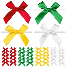 Twist Tie Bows Christmas, 100 Pcs Satin Bows for Christmas Treat Bags Candy Bags Bakery Tying Up Packages, Christmas Bows Ribbon Bows Pre-Tied Bow for Gift Wrapping Packaging Decoration (4 Colors)
