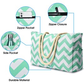 oscaurt Beach Bag Striped Tote Bag Swimming Bag Waterproof Beach Bag Large with Zip Shopper Bag Women's Beach Bag XXL Family Shopping Bag Shoulder Bag Plain Bag Travel Bag, Turquoise green, Beach bag