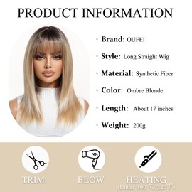 OUFEI Ombre Blonde Wigs for Women Medium Length Long Straight Wig with Fringe Synthetic Hair Heat Resistant Wigs for Everyday Party Cosplay Wear