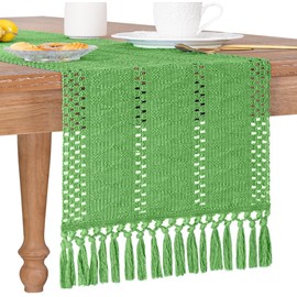 FLCSIed Boho Table Runner Macrame Farmhouse Woven Burlap Rustic Table Runner for Home Decor Dining Fall Thanksgiving Christmas Bridal Shower 13x90 inches Burlap (Green)