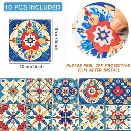 ArtisanAura Mexican Talavera Tile Stickers Peel and Stick 4x4 Inch, Waterproof Vinyl Backsplash Decals, Decorative Wall Art for Kitchen/Bathroom/Livingroom in Portuguese Boho Design, Pack of 10