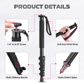ULANZI TB12 Camera Monopod, 61" Aluminum Photography Monopod with 5-Section Height, Lightweight & Portable Camera Accessories, for Cameras Canon, Nikon & Sony Mirrorless & DSLR, Easy to Carry