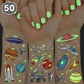 xo, Fetti Espacio + Planetas Brillan En La Oscuridad Tatuajes Temporales Para Niños - 50 Pzas | Suministros Alienígenas Para Fiestas De Cumpleaños, Favores De Astronauta + Decoraciones