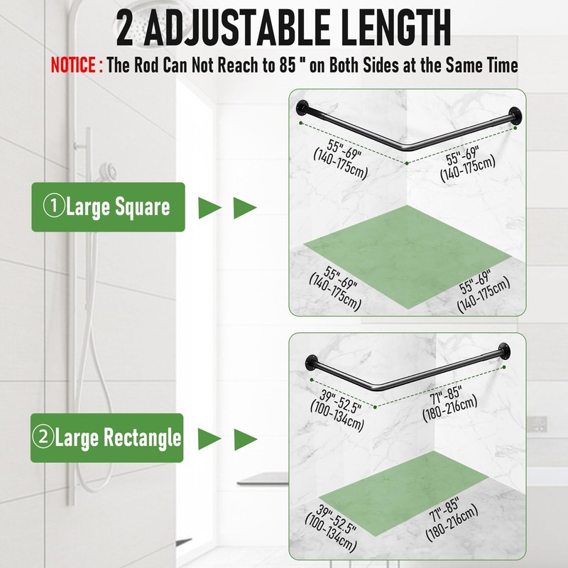 L Shaped Shower Curtain Rod - [39''-52.5''] x [71''-85''] Adjustable