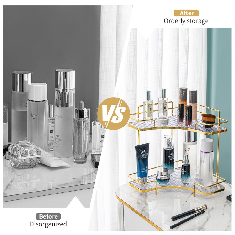 Seoneiro 2 Tier Corner Bathroom Counter Organizer, Cosmetic Skincare Organizer,