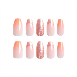 Gradient Orange Press on Nails Short Coffin - Golden Glitter Short Fake Nails Press ons, Full Cover Glue on Nails Glossy Artificial Acrylic Nails for Women 24 Pcs