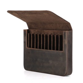 Hiram Brown Crazy Horse Leather Magnetic Split Design Pen Storage Box Holds 3/6/12 Pens, Coffee, NON